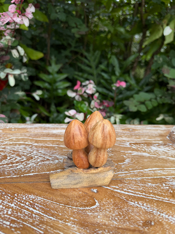 Hand-Carved Monkey Pod Mushroom Cluster · Mini Wood Sculpture