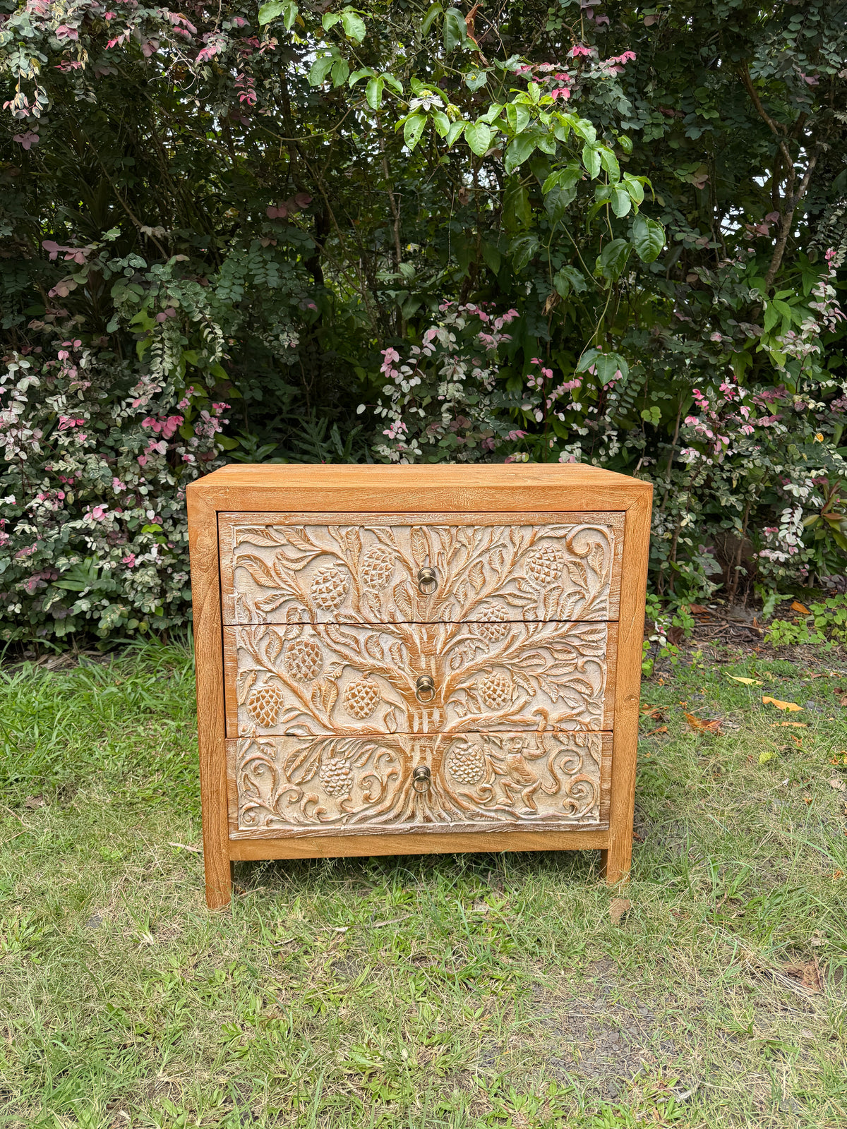 Hand-Carved Teak Dresser — Durian Tree & Monkey Design | Solid Teak with Whitewashed Carved Panels