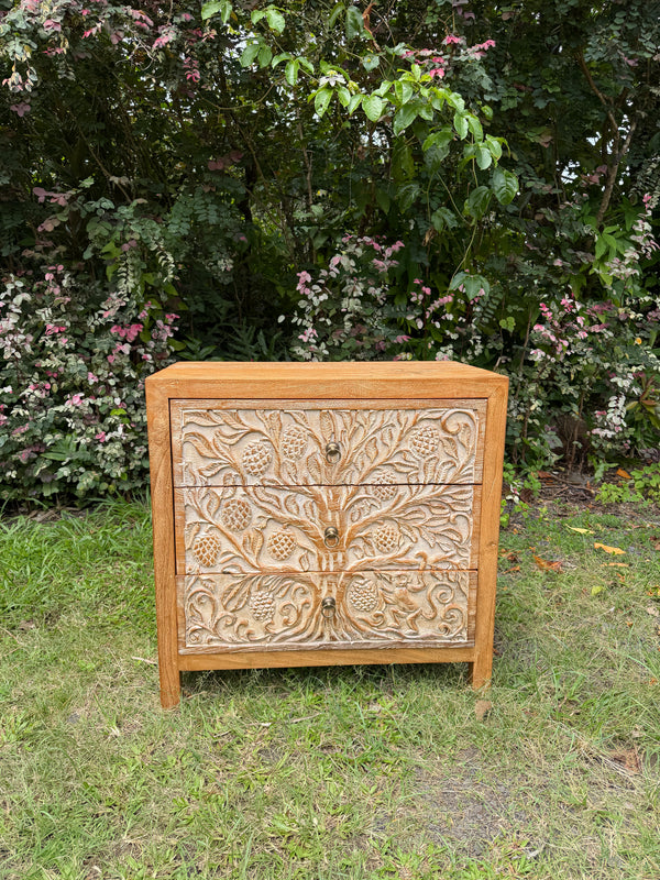 Hand-Carved Teak Dresser — Durian Tree & Monkey Design | Solid Teak with Whitewashed Carved Panels