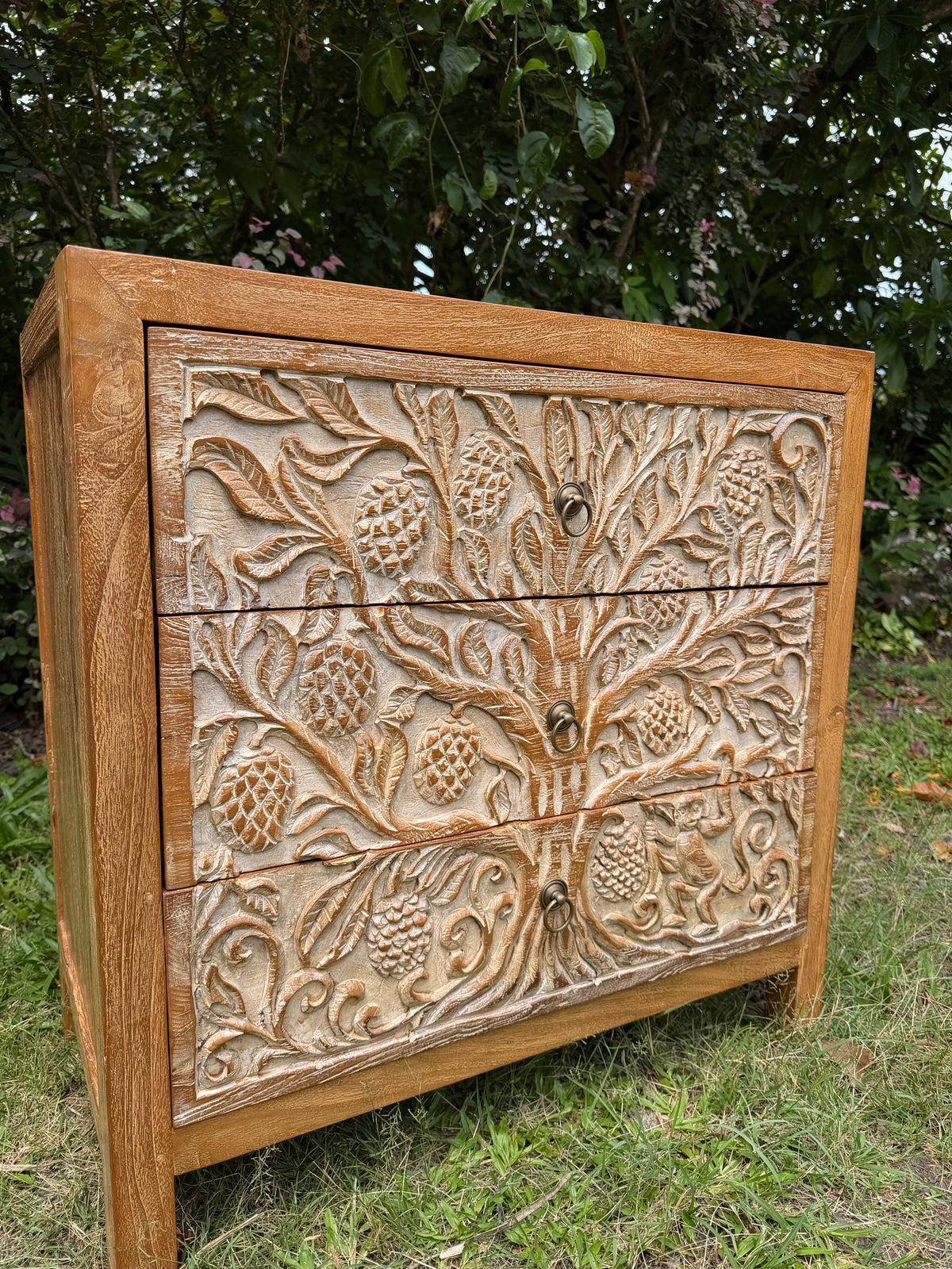 Hand-Carved Teak Dresser — Durian Tree & Monkey Design | Solid Teak with Whitewashed Carved Panels