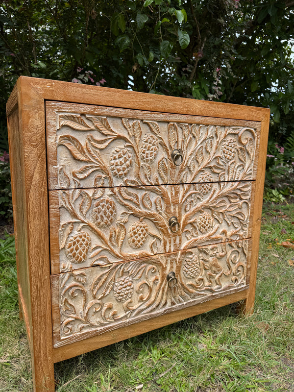 Hand-Carved Teak Dresser — Durian Tree & Monkey Design | Solid Teak with Whitewashed Carved Panels
