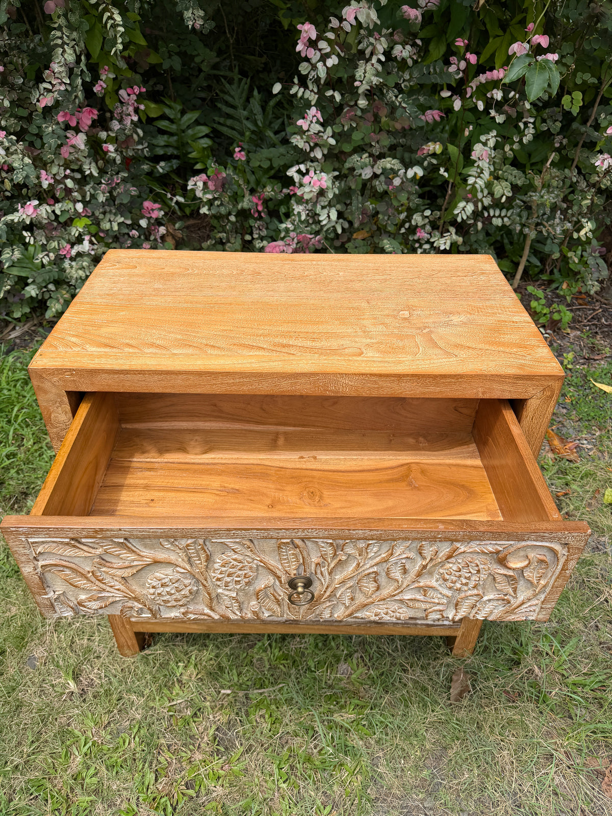 Hand-Carved Teak Dresser — Durian Tree & Monkey Design | Solid Teak with Whitewashed Carved Panels