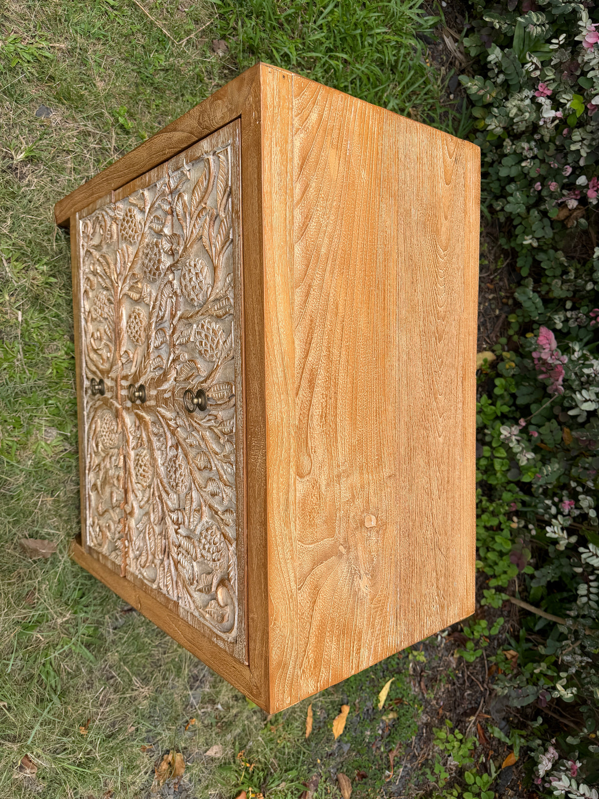 Hand-Carved Teak Dresser — Durian Tree & Monkey Design | Solid Teak with Whitewashed Carved Panels