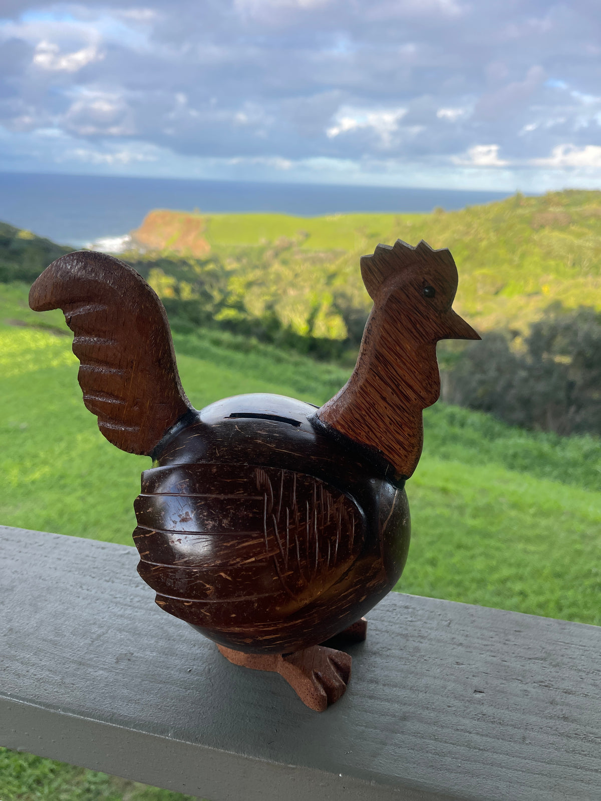 Coconut Shell Rooster Coin Bank · Handmade Piggy Bank · Tropical Décor