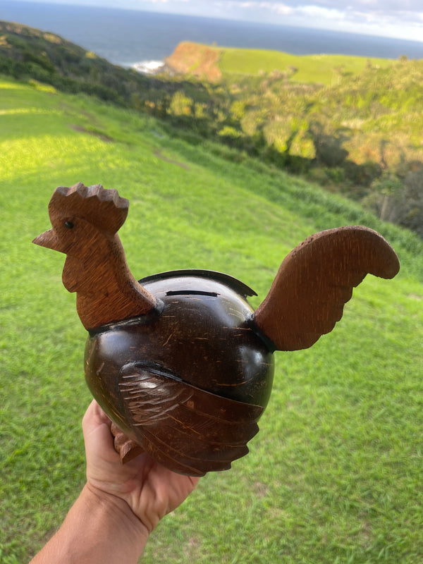 Coconut Shell Rooster Coin Bank · Handmade Piggy Bank · Tropical Décor