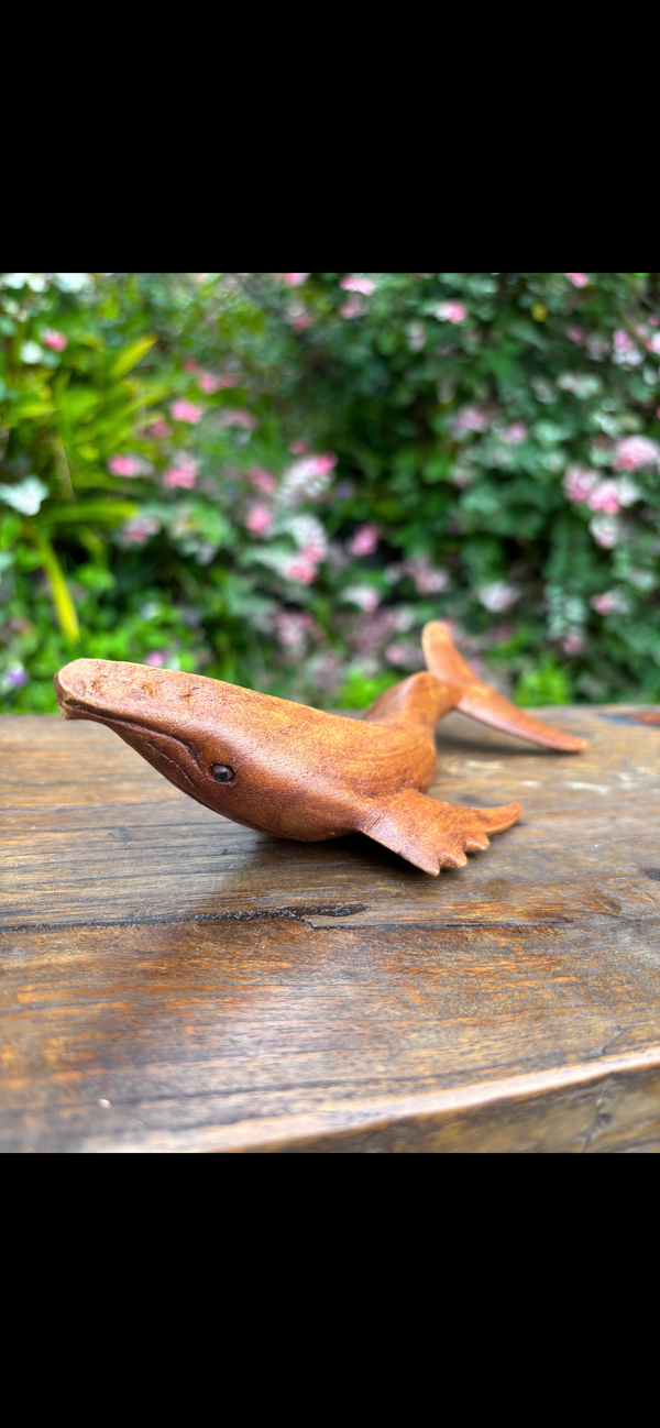 Hand-Carved Humpback Whale Figurine · Monkeypod Wood · 8”