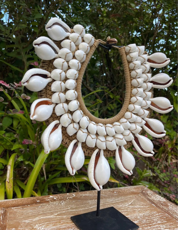 Handcrafted Shell Necklace on Stand · Tribal Décor