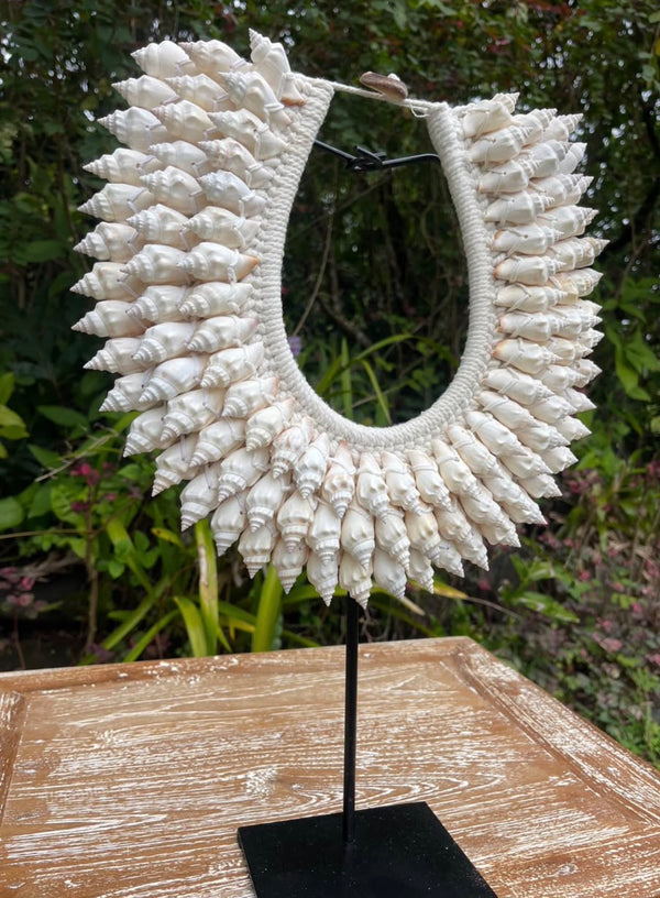 White Conch Shell Necklace on Stand · Tribal Décor