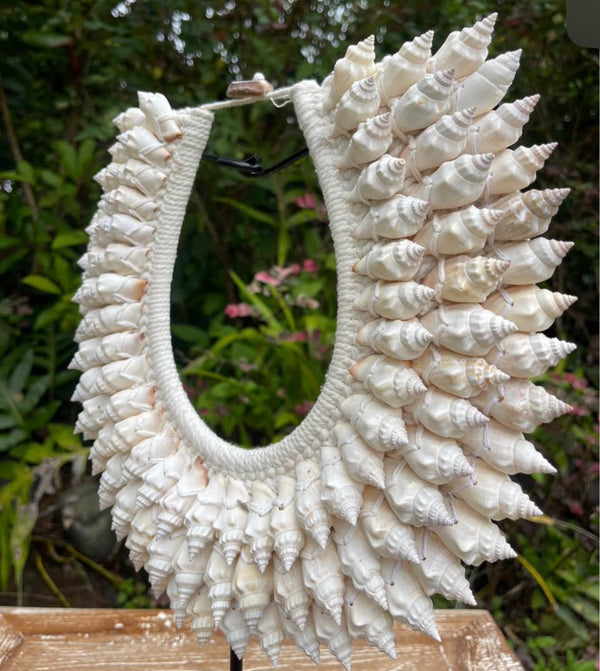 White Conch Shell Necklace on Stand · Tribal Décor