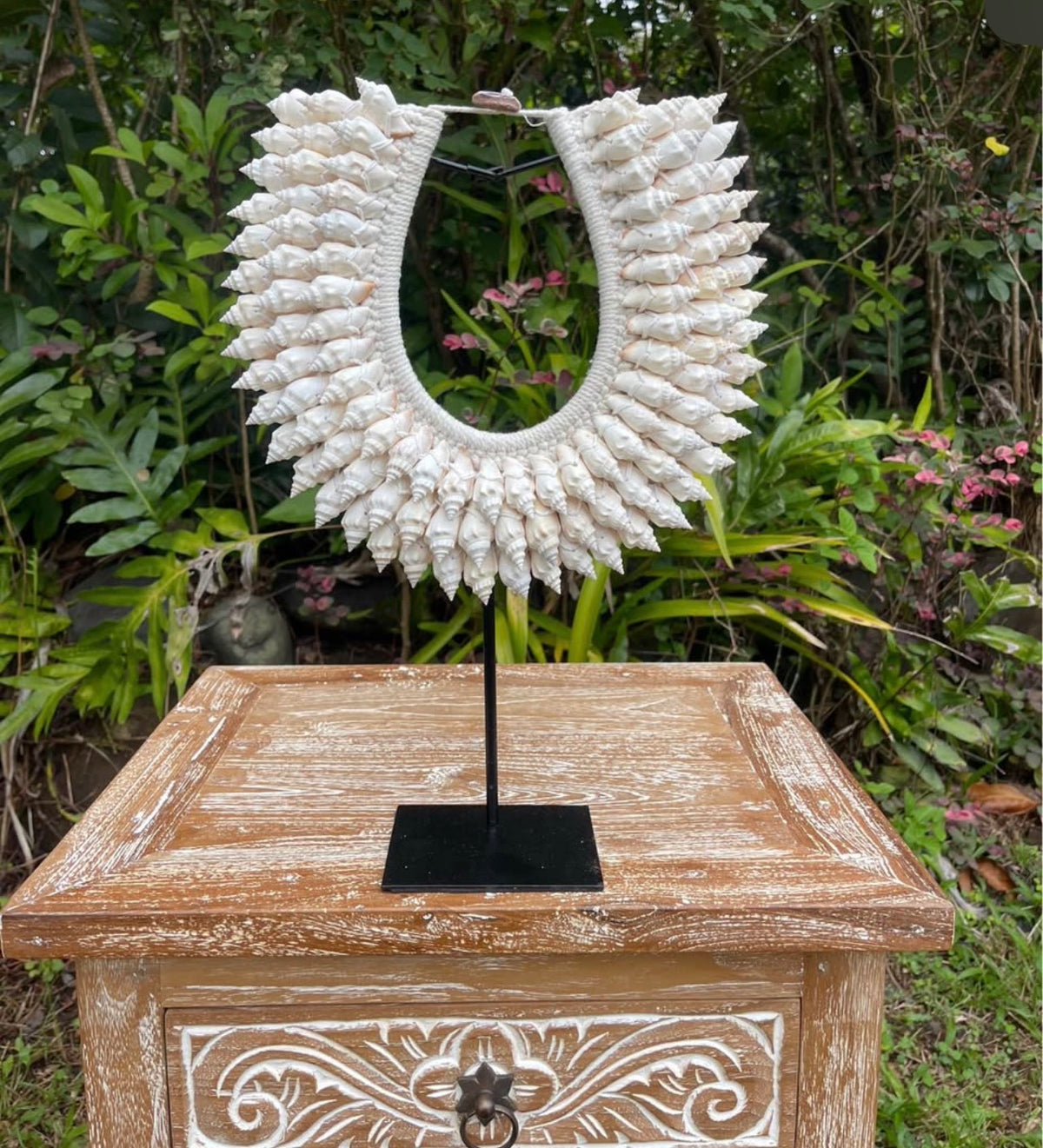 White Conch Shell Necklace on Stand · Tribal Décor