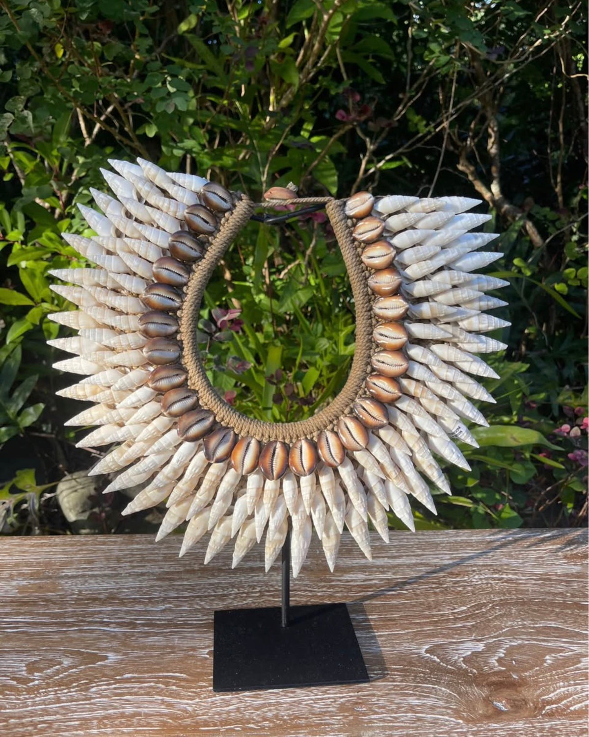 Cone & Cowrie Shell Necklace on Stand · Tribal Décor