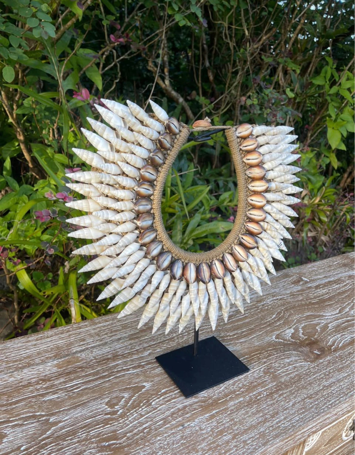 Cone & Cowrie Shell Necklace on Stand · Tribal Décor