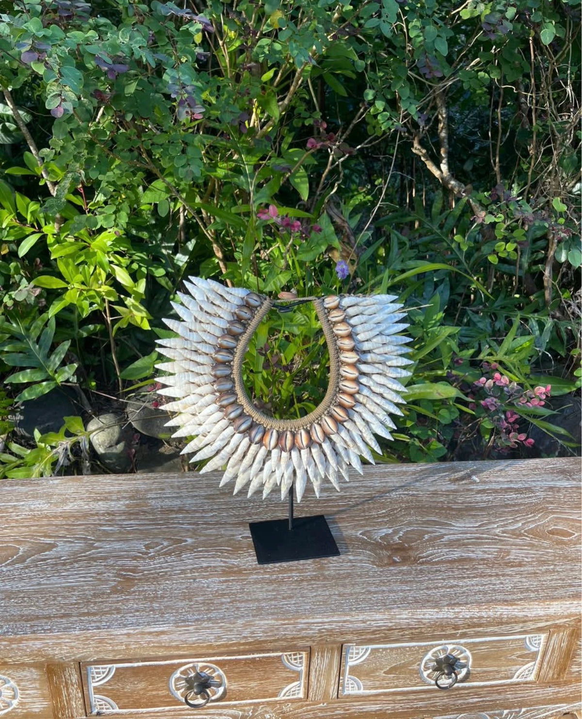 Cone & Cowrie Shell Necklace on Stand · Tribal Décor