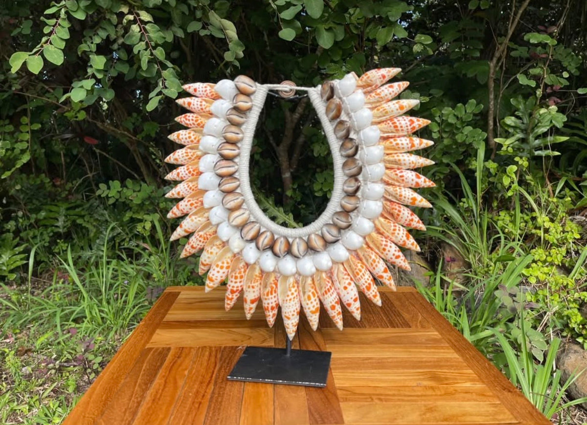 Spotted Cone & Cowrie Shell Necklace on Stand · Tribal Décor