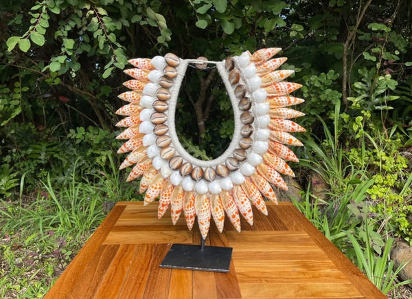 Spotted Cone & Cowrie Shell Necklace on Stand · Tribal Décor