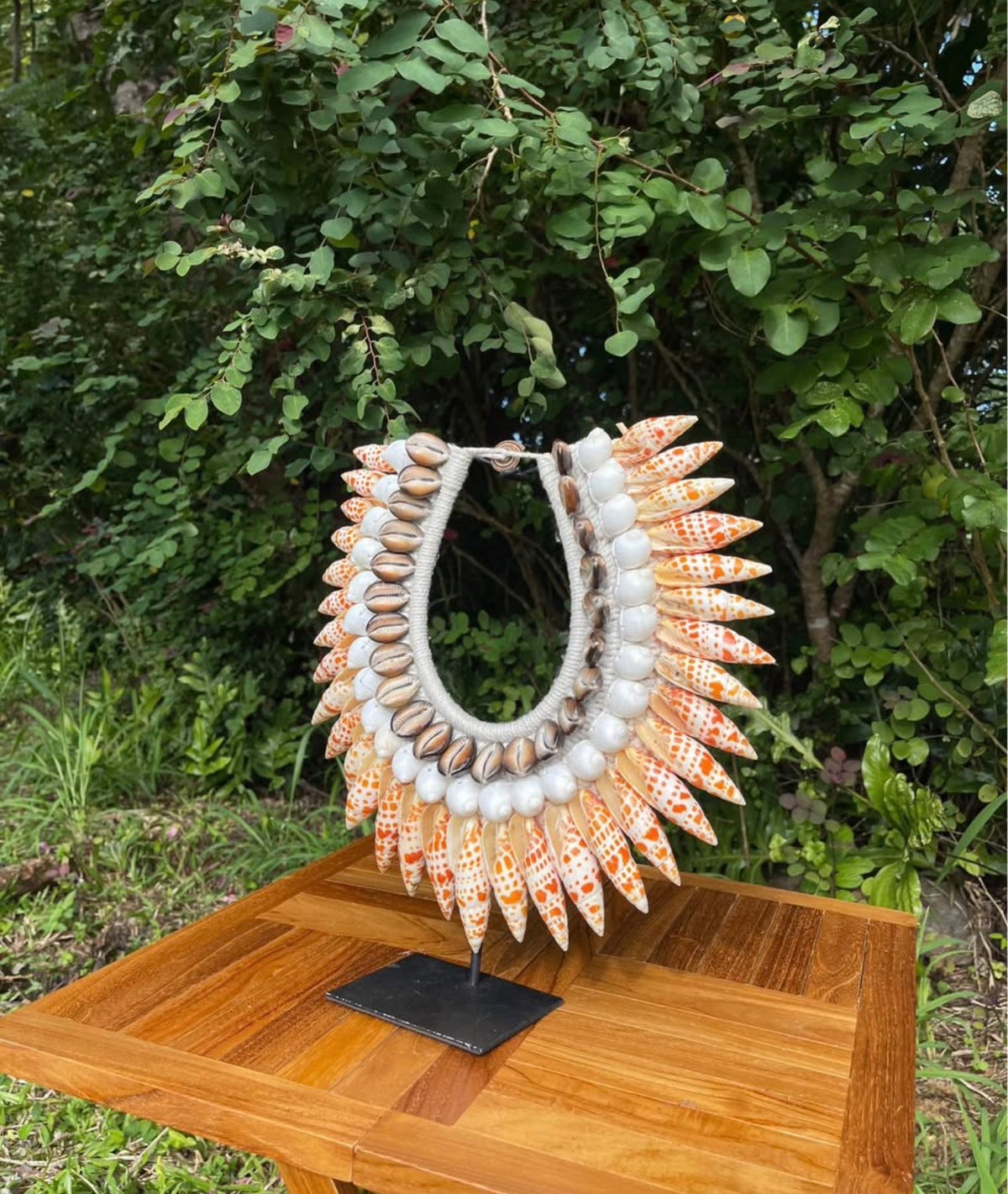 Spotted Cone & Cowrie Shell Necklace on Stand · Tribal Décor