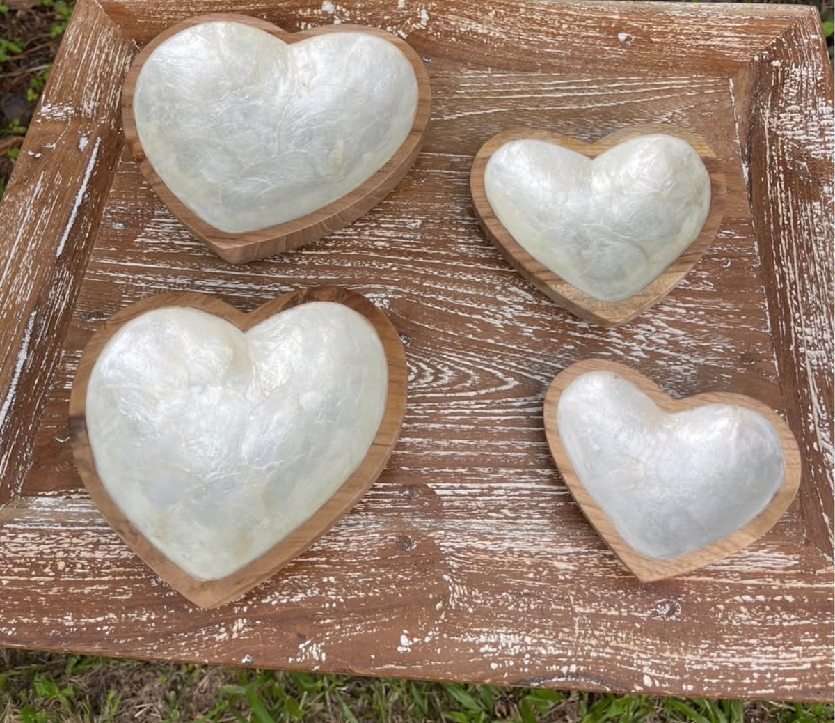 Teak & Mother of Pearl Heart Dish Set · Set of 4