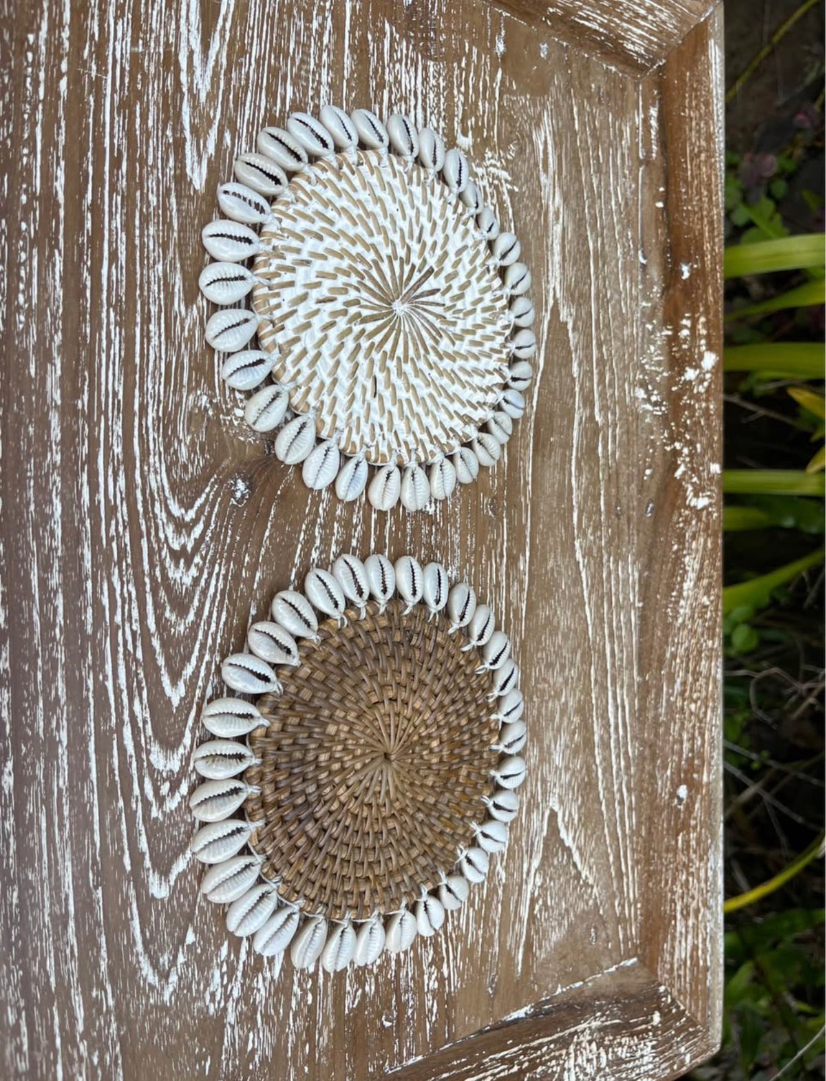 Handwoven Cowrie Shell Coaster · Coastal Table Décor