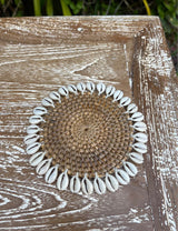 Handwoven Cowrie Shell Coaster · Coastal Table Décor