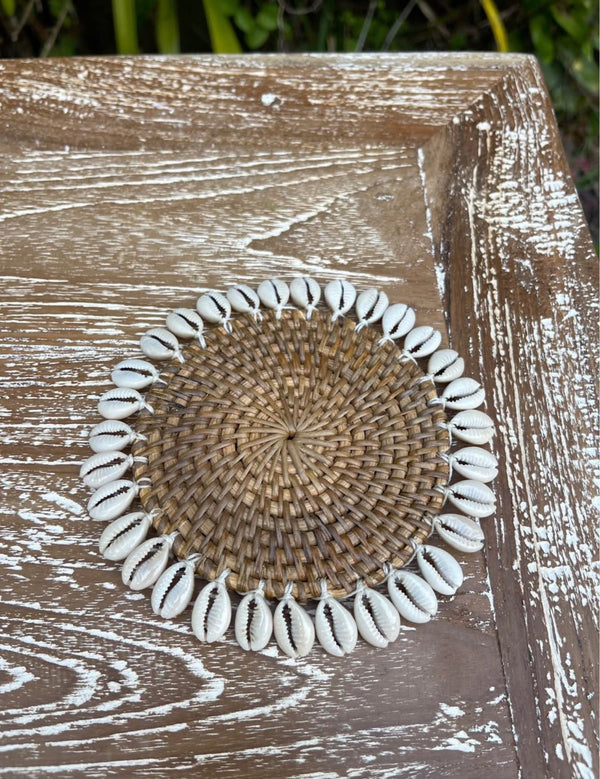 Handwoven Cowrie Shell Coaster · Coastal Table Décor