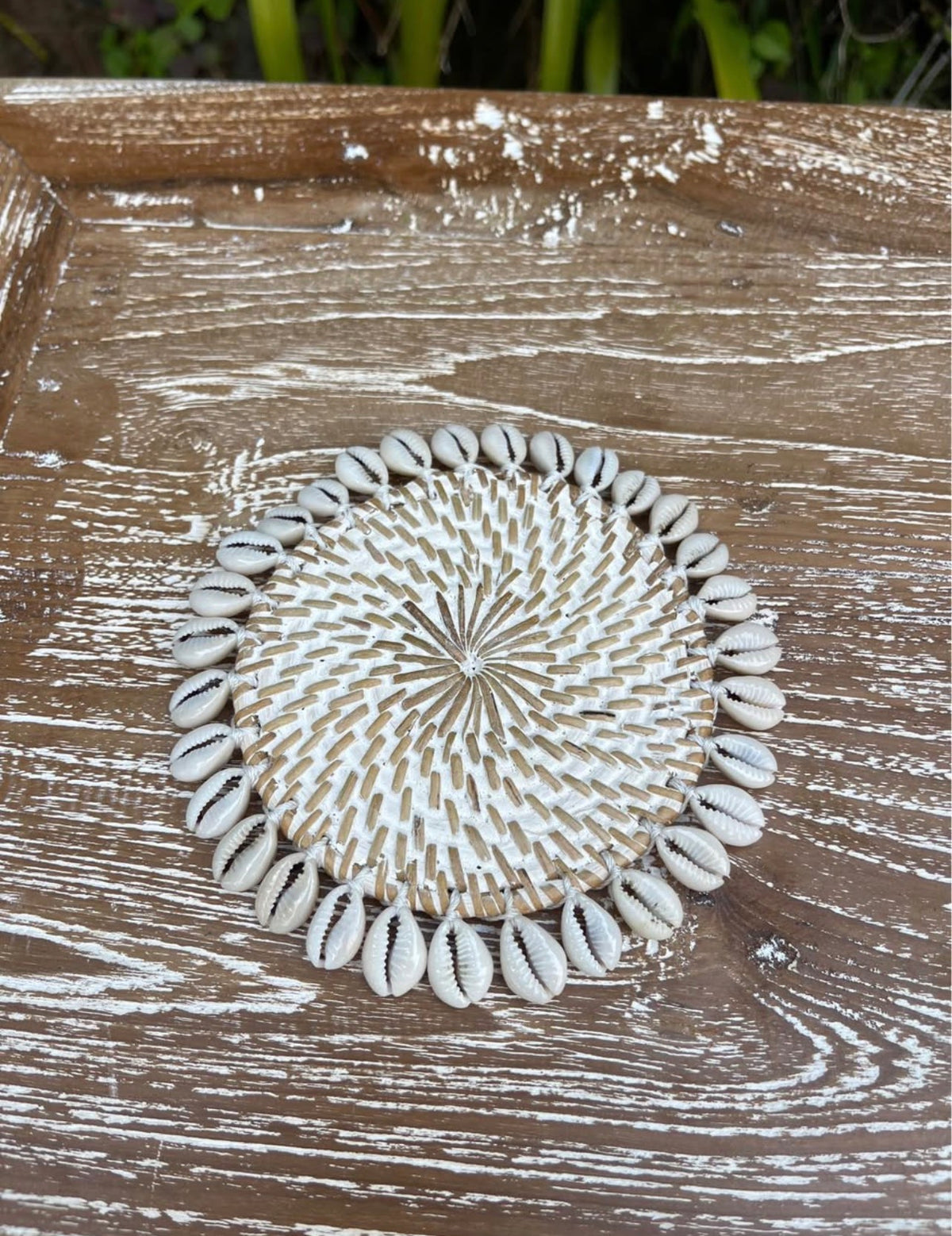 Handwoven Cowrie Shell Coaster · Coastal Table Décor