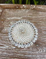 Handwoven Cowrie Shell Coaster · Coastal Table Décor