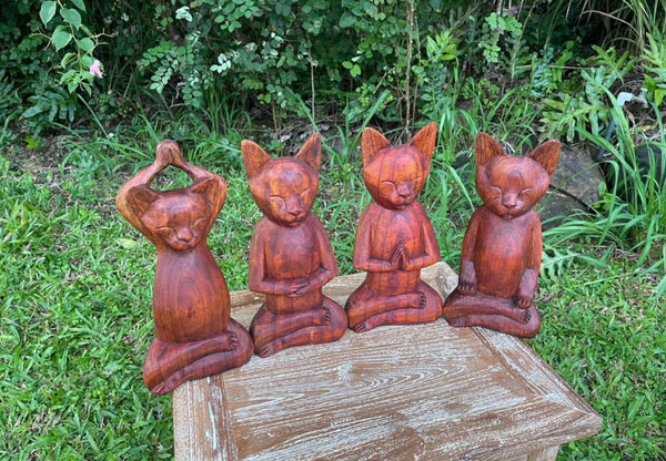 Hand-Carved Yoga Cat Statue · 12" Monkeypod Wood
