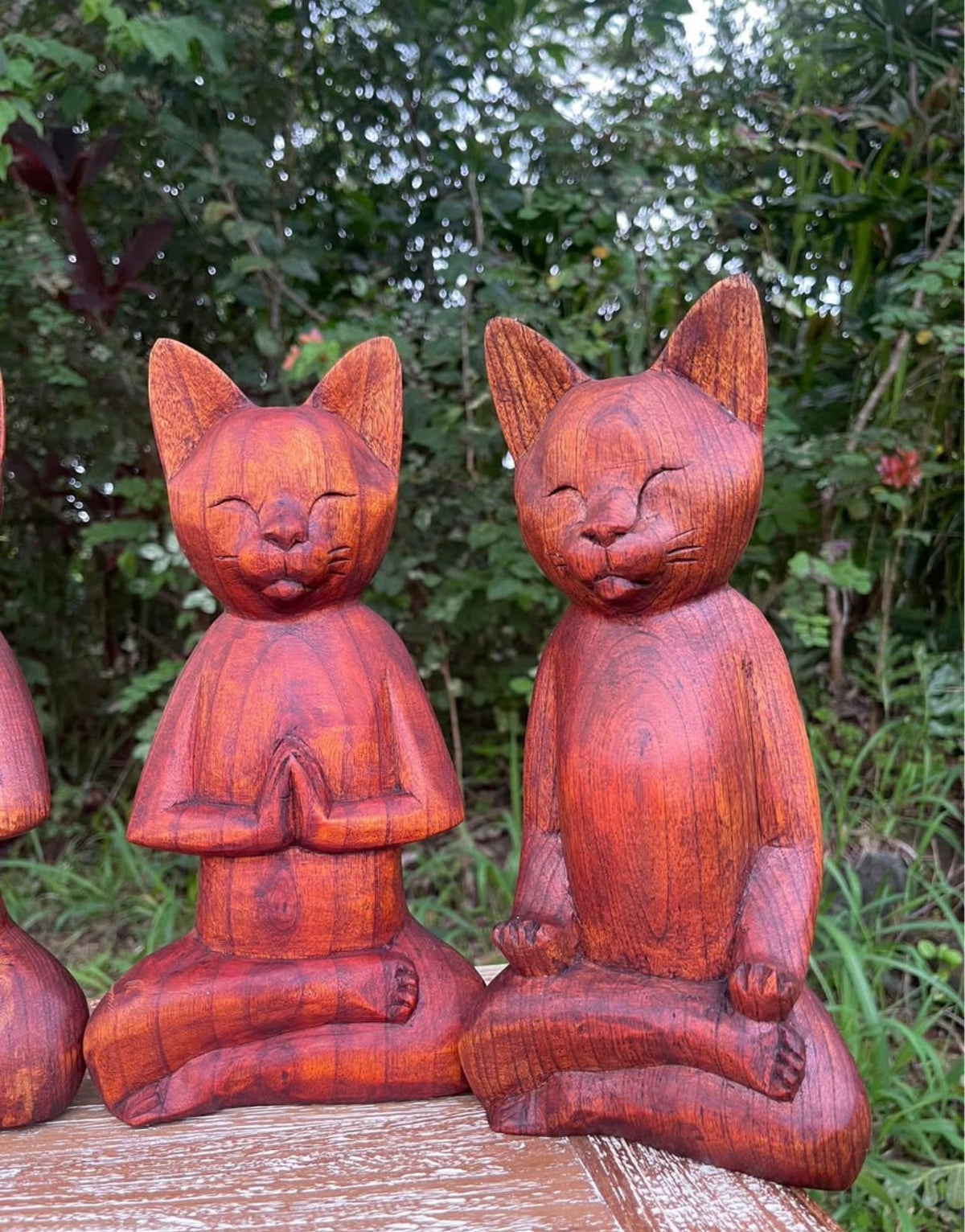 Hand-Carved Yoga Cat Statue · 12" Monkeypod Wood