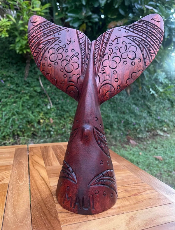 Hand-Carved Whale Tail Sculpture · Monkeypod Wood · Maui