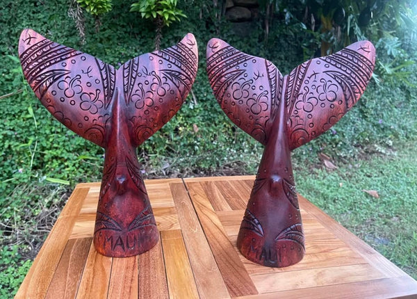 Hand-Carved Whale Tail Sculpture · Monkeypod Wood · Maui