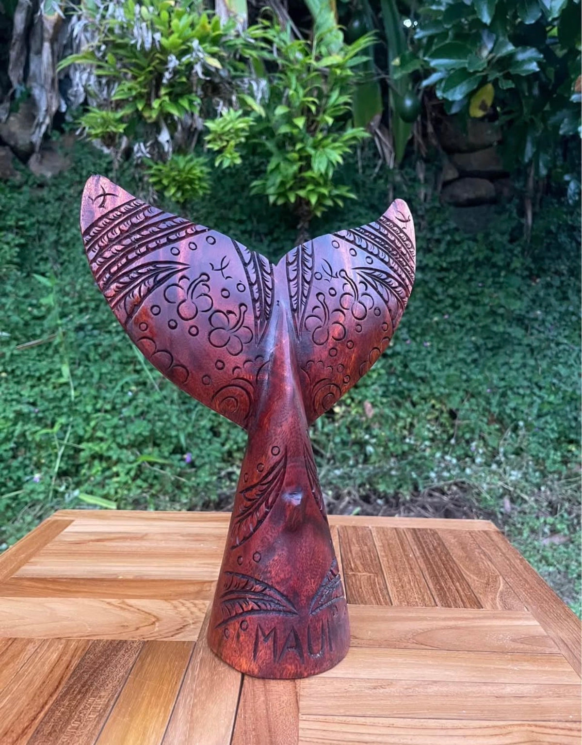 Hand-Carved Whale Tail Sculpture · Monkeypod Wood · Maui