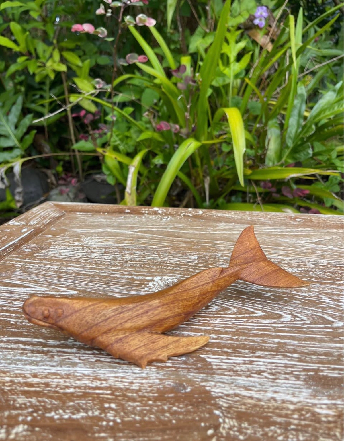 Hand-Carved Humpback Whale Figurine · Monkeypod Wood · 8”