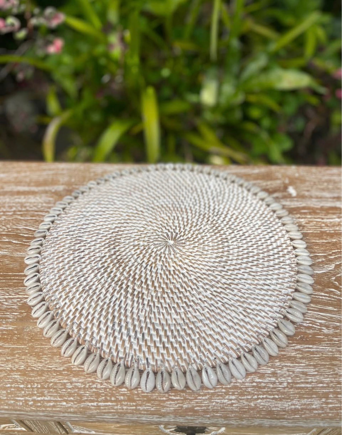 Handwoven Cowrie Shell Placemat · 13” Round · Coastal Table Décor