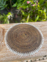 Handwoven Cowrie Shell Placemat · 13” Round · Coastal Table Décor