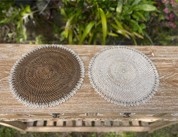 Handwoven Cowrie Shell Placemat · 13” Round · Coastal Table Décor