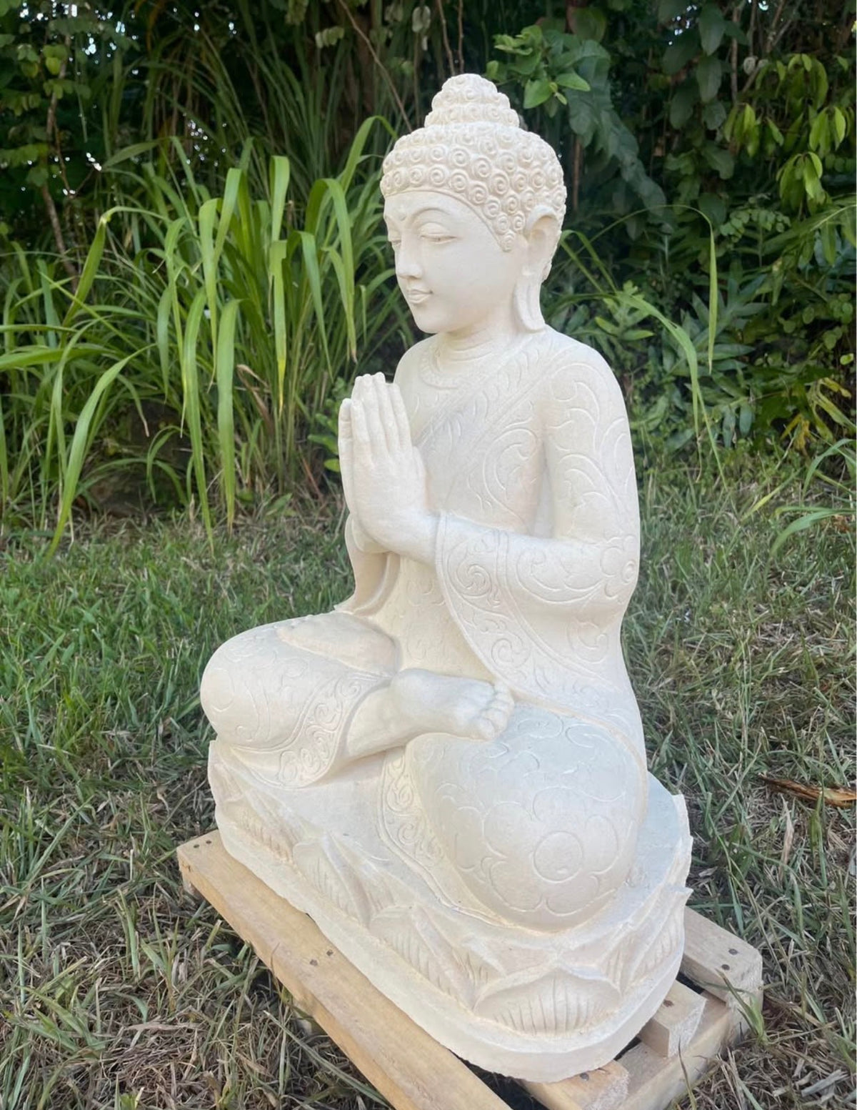 Pōhaku Buddha — "Serenity in Stone" | Hand-Carved Salt Limestone Seated Buddha, Namaste Mudra
