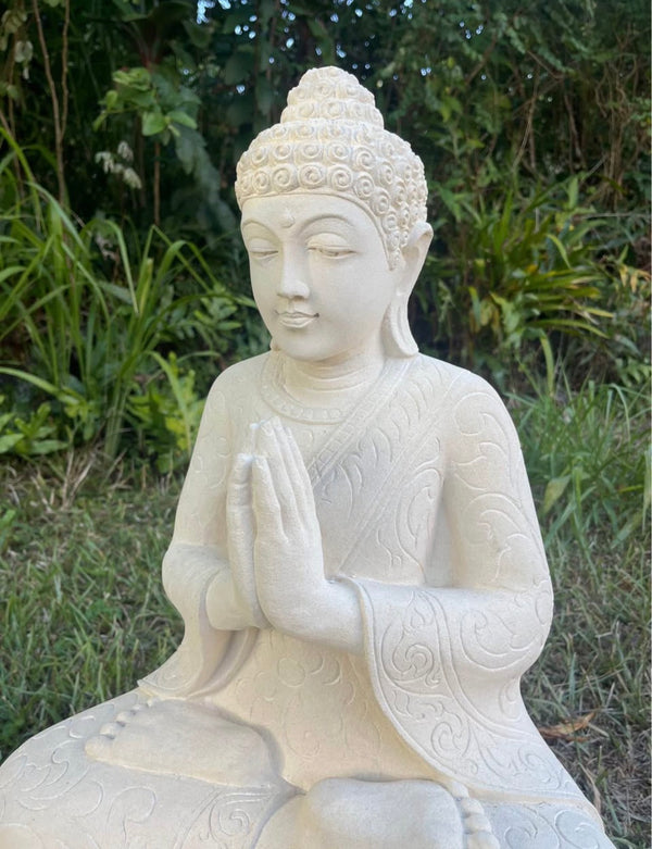 Pōhaku Buddha — "Serenity in Stone" | Hand-Carved Salt Limestone Seated Buddha, Namaste Mudra
