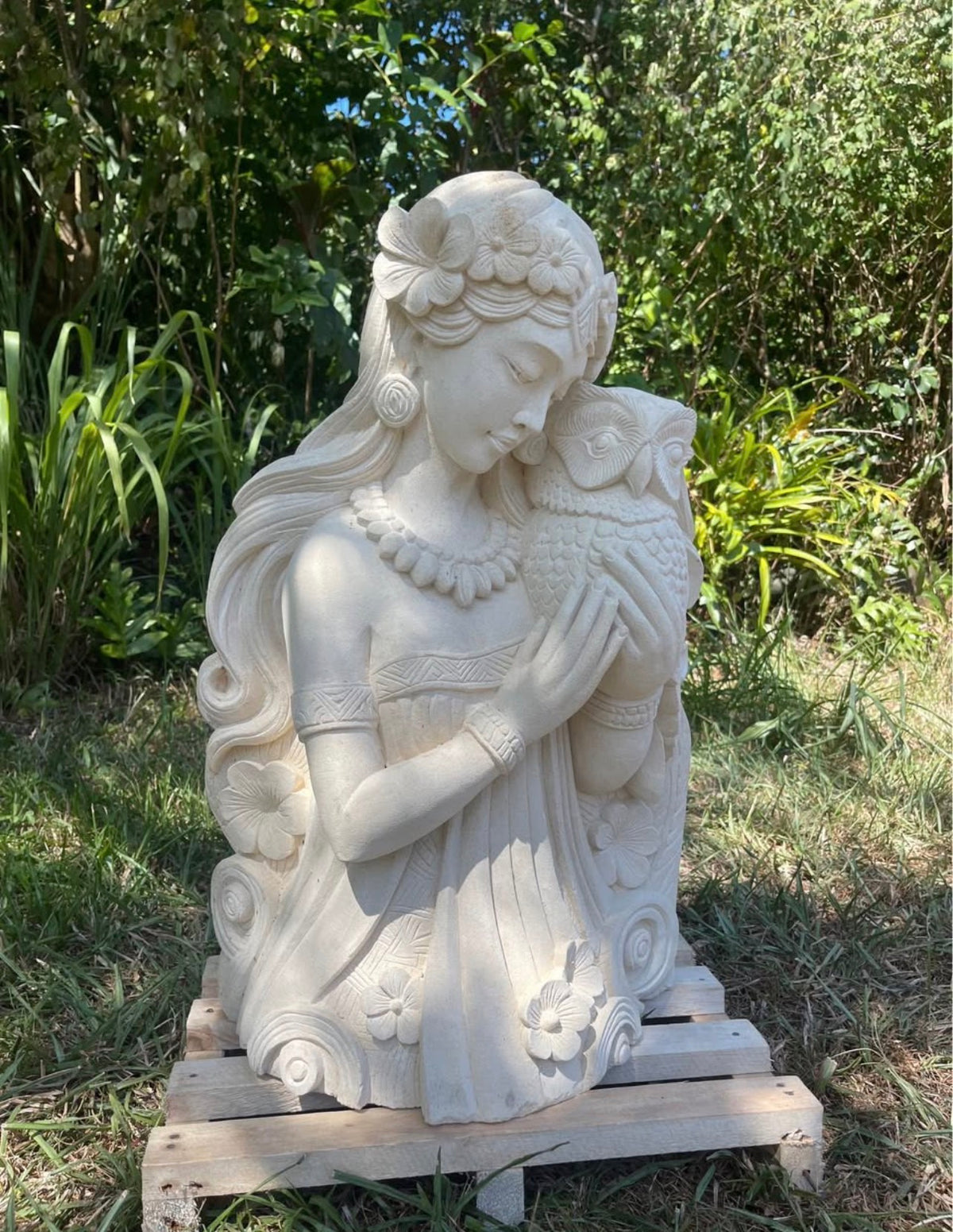 Pōhaku Goddess & Pueo — "Wisdom's Embrace" | Hand-Carved Limestone Goddess with Owl