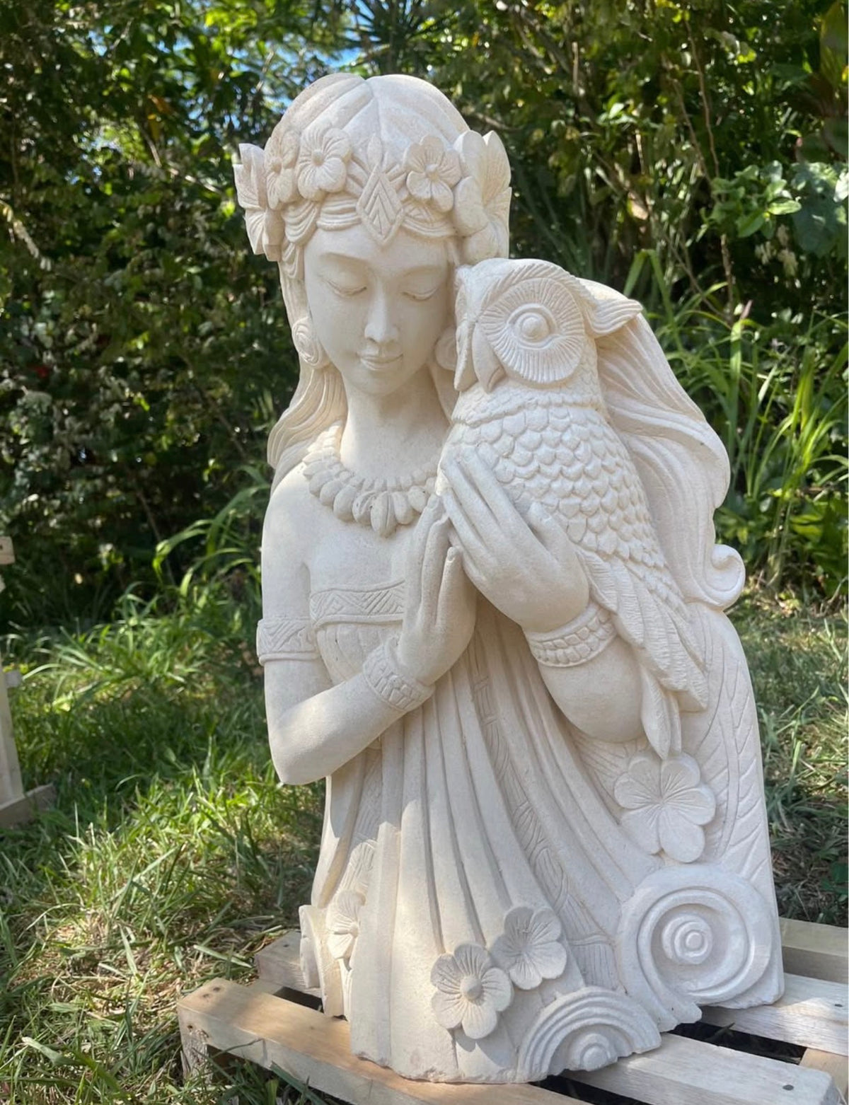 Pōhaku Goddess & Pueo — "Wisdom's Embrace" | Hand-Carved Limestone Goddess with Owl