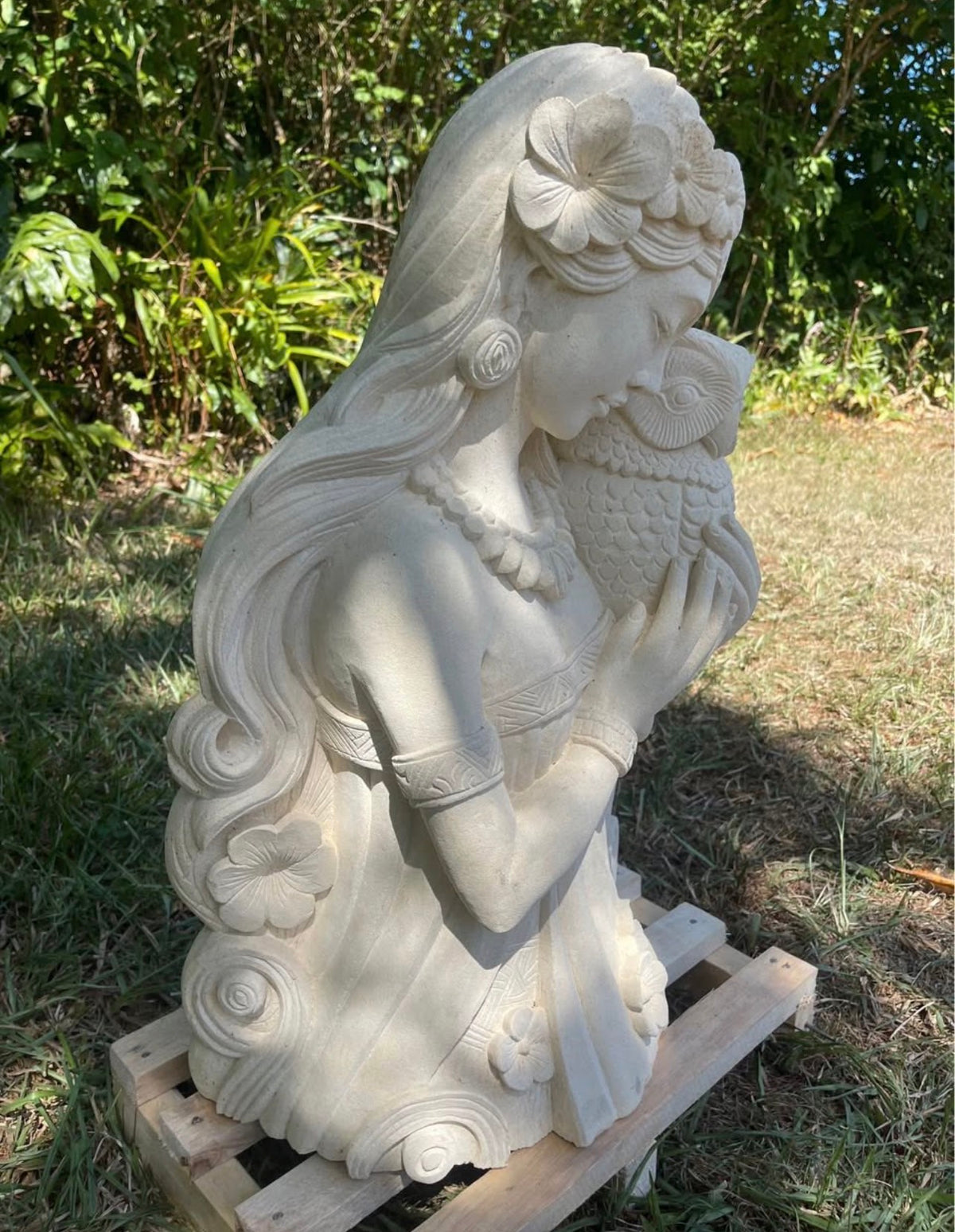 Pōhaku Goddess & Pueo — "Wisdom's Embrace" | Hand-Carved Limestone Goddess with Owl