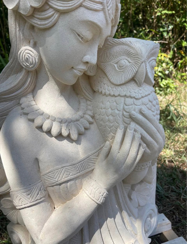Pōhaku Goddess & Pueo — "Wisdom's Embrace" | Hand-Carved Limestone Goddess with Owl