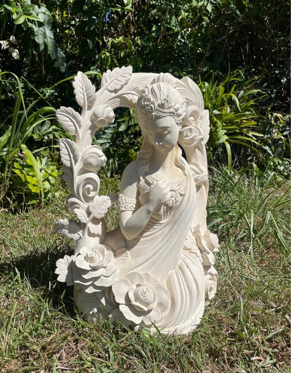 Pōhaku Goddess — "Garden of Stone" | Hand-Carved Limestone Goddess with Rose Vine Arch