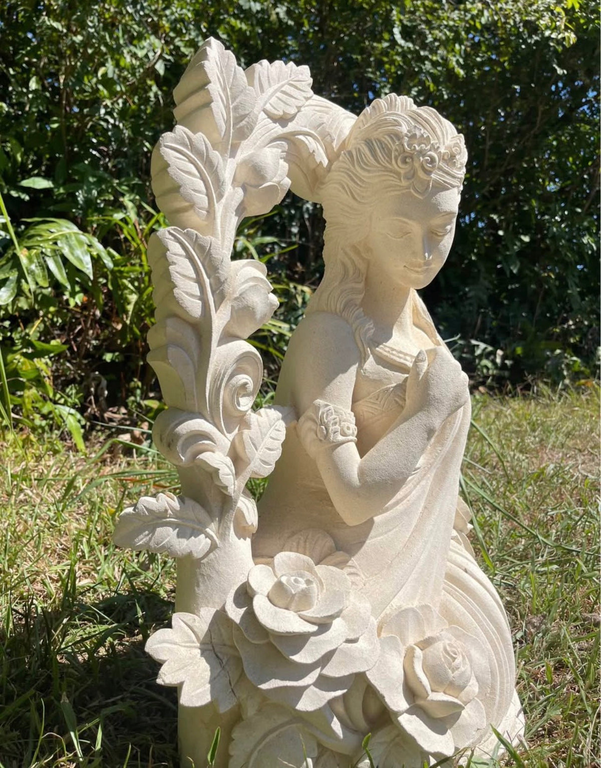 Pōhaku Goddess — "Garden of Stone" | Hand-Carved Limestone Goddess with Rose Vine Arch