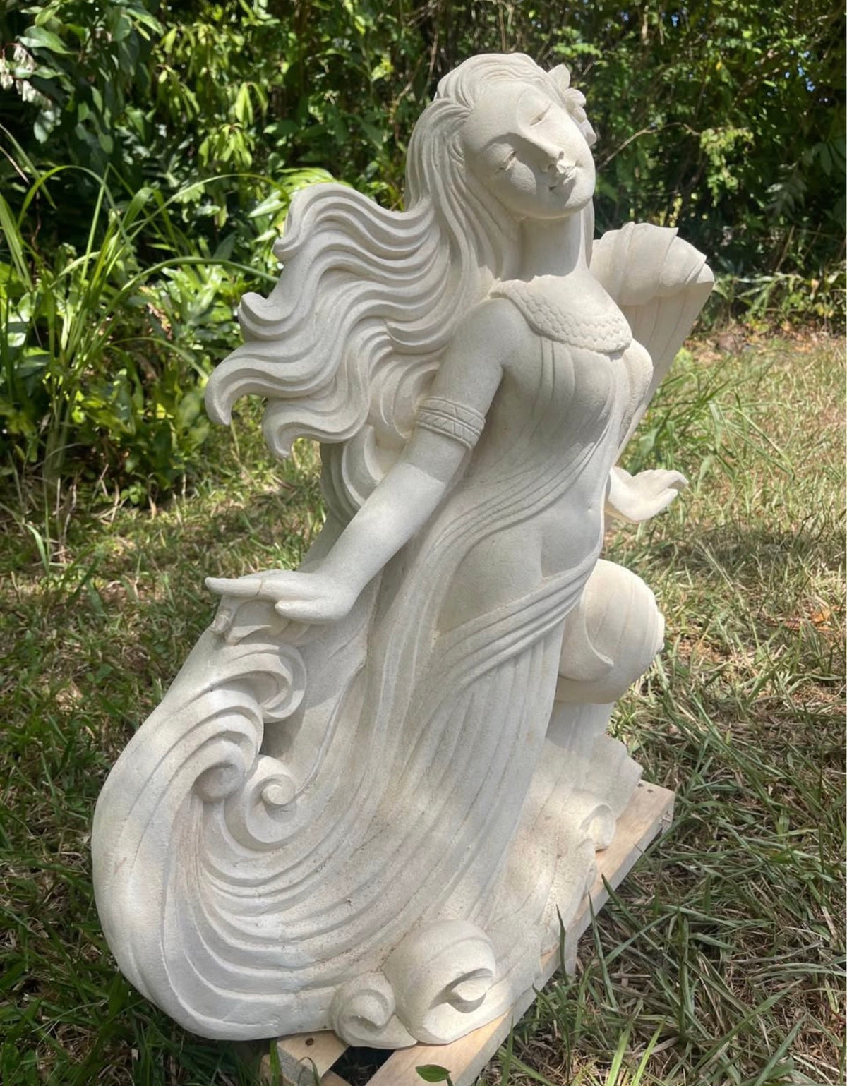 Pōhaku Goddess — "Spirit of the Sea" | Hand-Carved Limestone Goddess with Flowing Hair & Ocean Waves