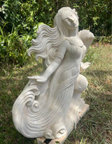 Pōhaku Goddess — "Spirit of the Sea" | Hand-Carved Limestone Goddess with Flowing Hair & Ocean Waves