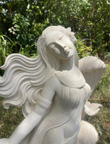 Pōhaku Goddess — "Spirit of the Sea" | Hand-Carved Limestone Goddess with Flowing Hair & Ocean Waves
