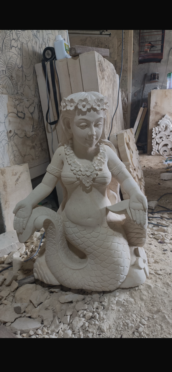 Pōhaku Goddess — "Ocean Maiden" | Hand-Carved Limestone Mermaid Goddess with Swans