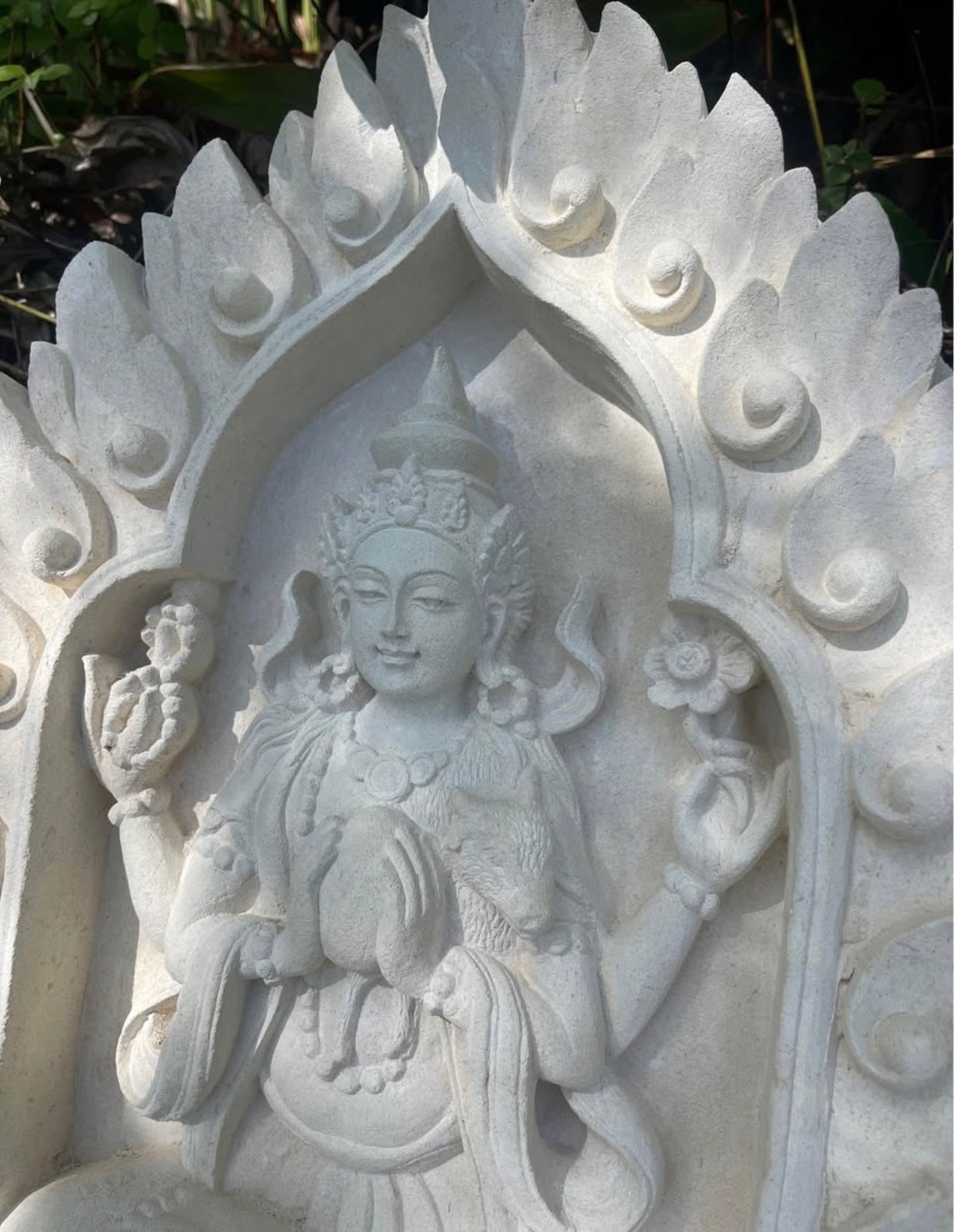 Pōhaku Goddess — "Sacred Flame" | Hand-Carved Limestone Goddess Relief Panel with Lotus Mandorla