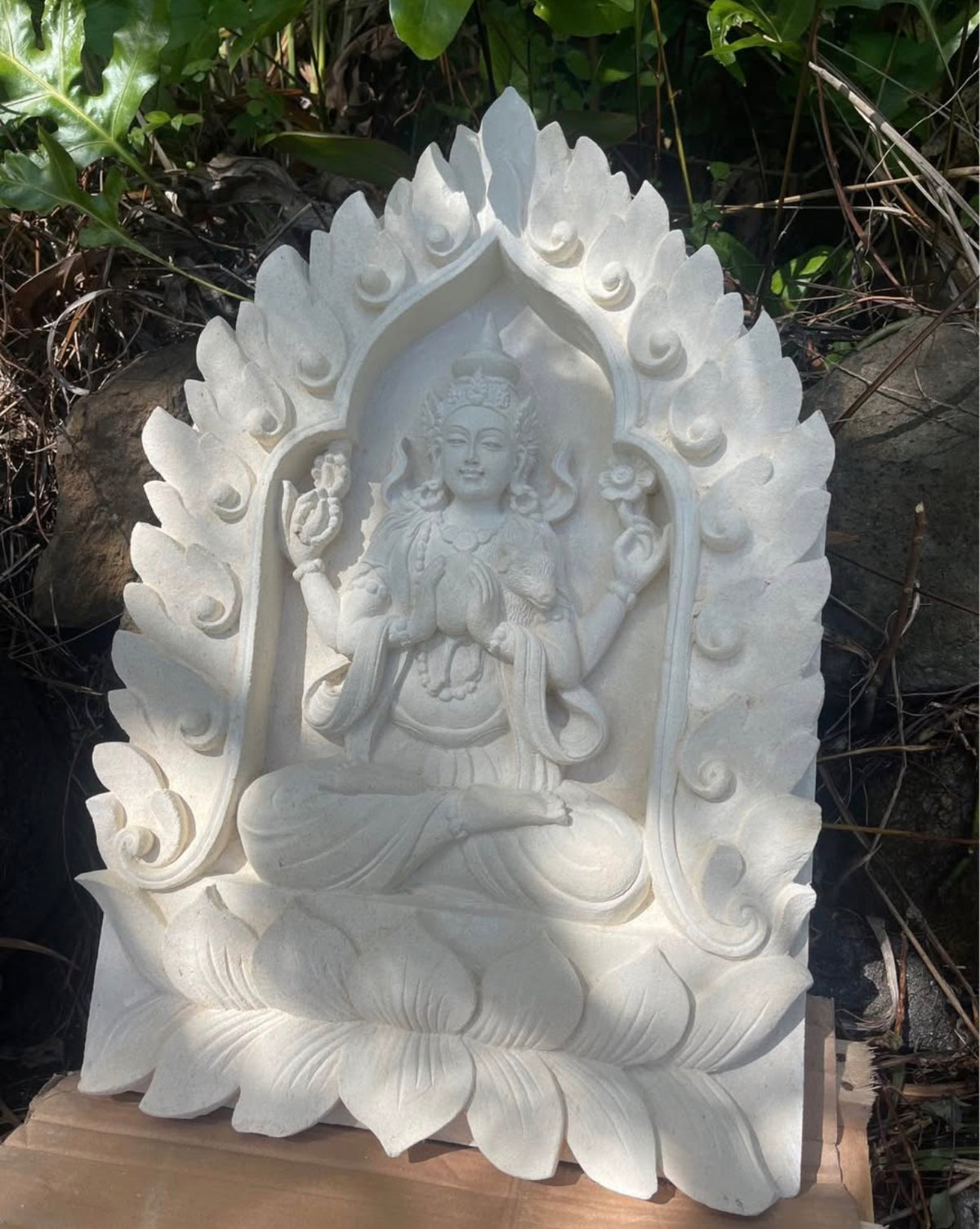 Pōhaku Goddess — "Sacred Flame" | Hand-Carved Limestone Goddess Relief Panel with Lotus Mandorla