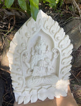 Pōhaku Goddess — "Sacred Flame" | Hand-Carved Limestone Goddess Relief Panel with Lotus Mandorla
